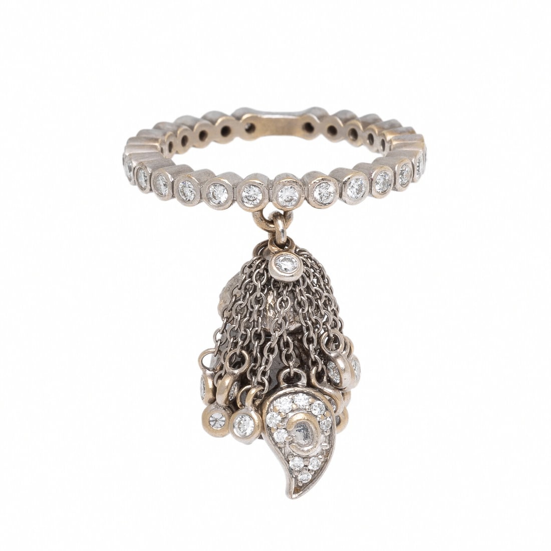 Coomi, White Gold and Diamond Charm Ring: Coomi, White Gold and Diamond Charm Ring Briolette cut brown diamond (origin of color not tested), round brilliant cut diamonds, and round black diamonds. 20 karat white gold. Ring size 6 1/4. Stamp:
