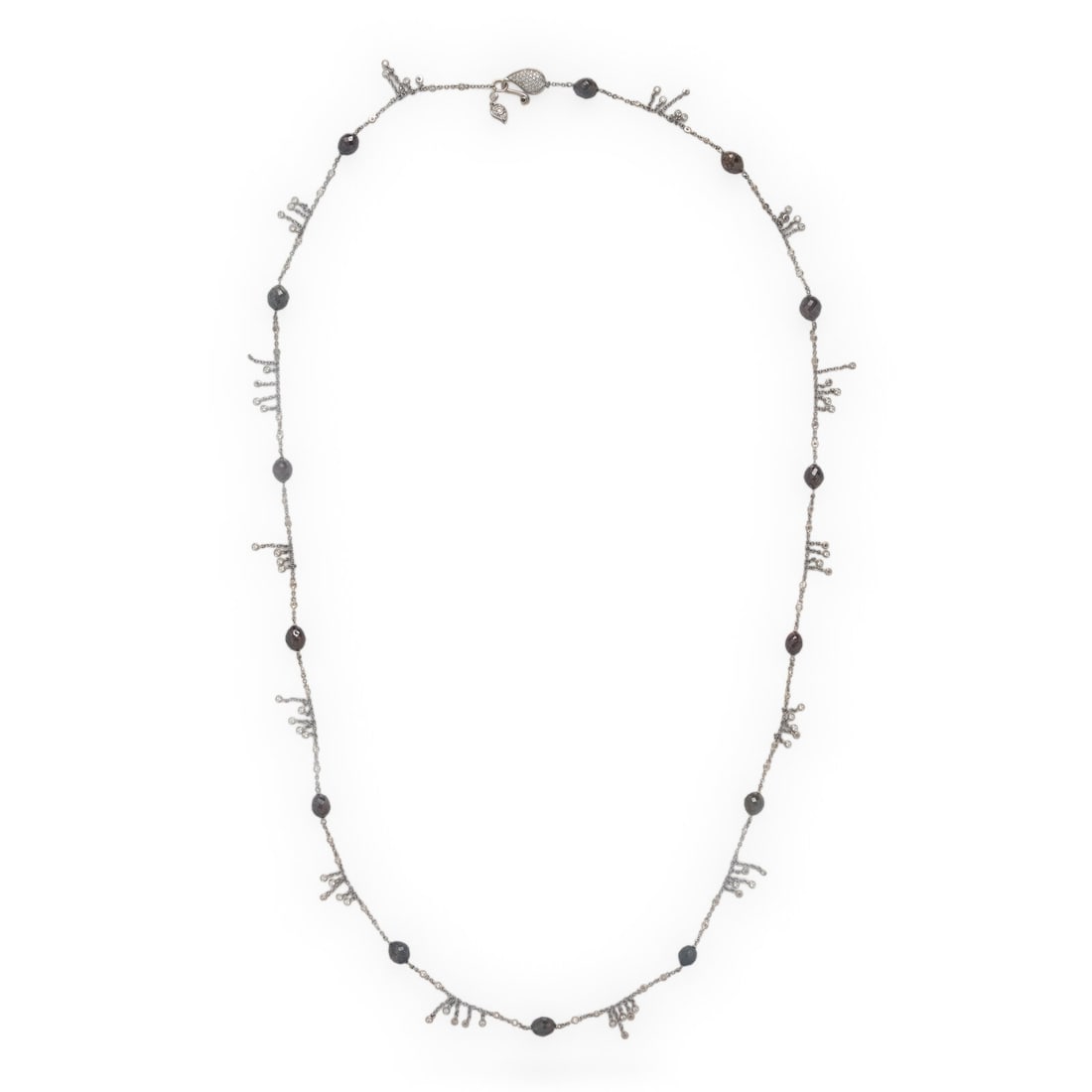 Coomi, Diamond, Colored Diamond, and White Gold Necklace: Coomi, Diamond, Colored Diamond, and White Gold Necklace Faceted brown diamond beads measuring approximately 6.50 x 8.15 - 6.90 x 9.20 mm (origin of color not tested), round brilliant cut black diamon
