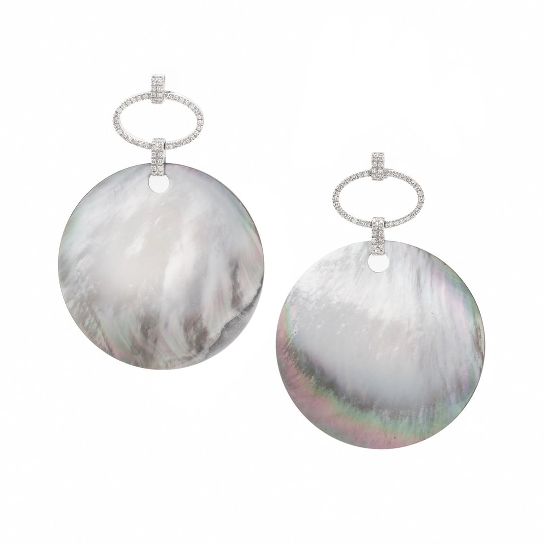 Mother-of-Pearl, Diamond, and White Gold Pendant Earrings: Mother-of-Pearl, Diamond, and White Gold Pendant Earrings Circular abalone mother-of-pearl plaques measuring approximately 50.00 mm, and round brilliant cut diamonds weighing approximately 0.50 carat 