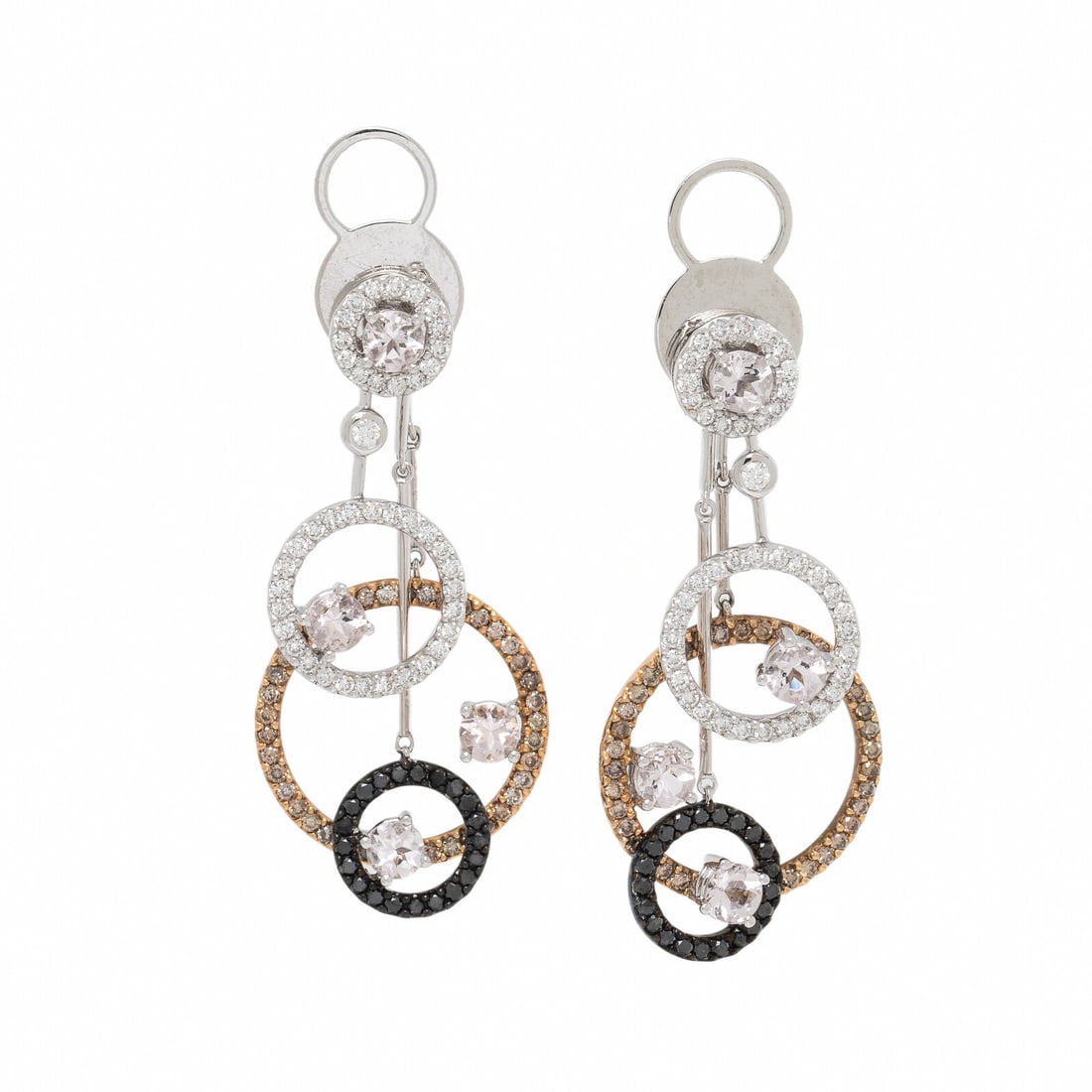 Bicolor Gold, Diamond, and Colored Diamond Earrings: Bicolor Gold, Diamond, and Colored Diamond Earrings Round pink glass, round brilliant cut brown diamonds weighing approximately 0.80 carat total (origin of color not tested), round brilliant cut