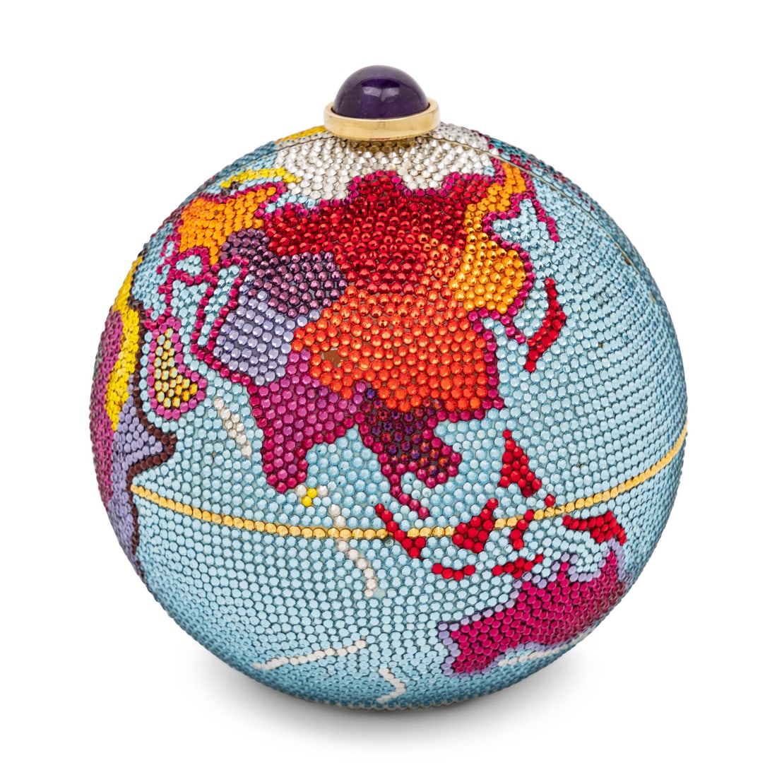 Judith Leiber, Globe Minaudière: Judith Leiber, Globe Minaudière Globe minaudière in gold-tone metal with all-over multicolor crystal embellishments. Push-lock closure and retractable chain strap. Label: Judith Leiber Date: 2010's