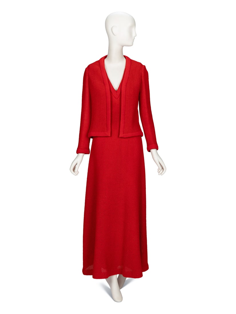 Malcom Starr, Knit Dress & Cardigan Ensemble: Malcom Starr, Knit Dress & Cardigan Ensemble CARDIGAN Open-front cardigan in red open knit. Ribbed knit trim at edges. Full-length sleeves. No closures. Unlined. Label: Malcom Starr Size Label: 10