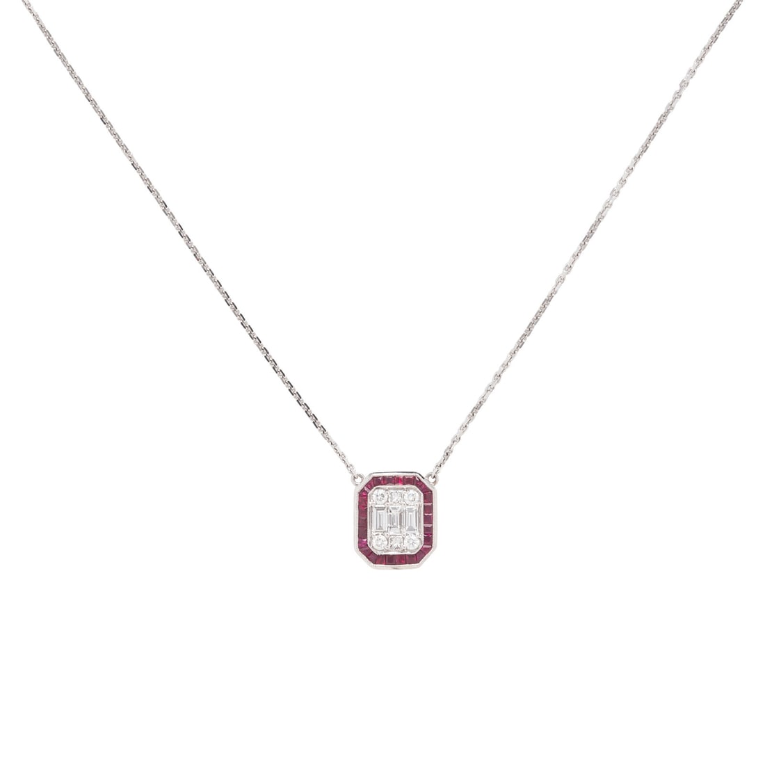 Diamond, Ruby, and White Gold Pendant Necklace: Diamond, Ruby, and White Gold Pendant Necklace Baguette, princess, and round brilliant cut diamonds weighing approximately 0.88 carat total, and calibrÈ-cut rubies. 18 karat white gold. 17 5/8 in