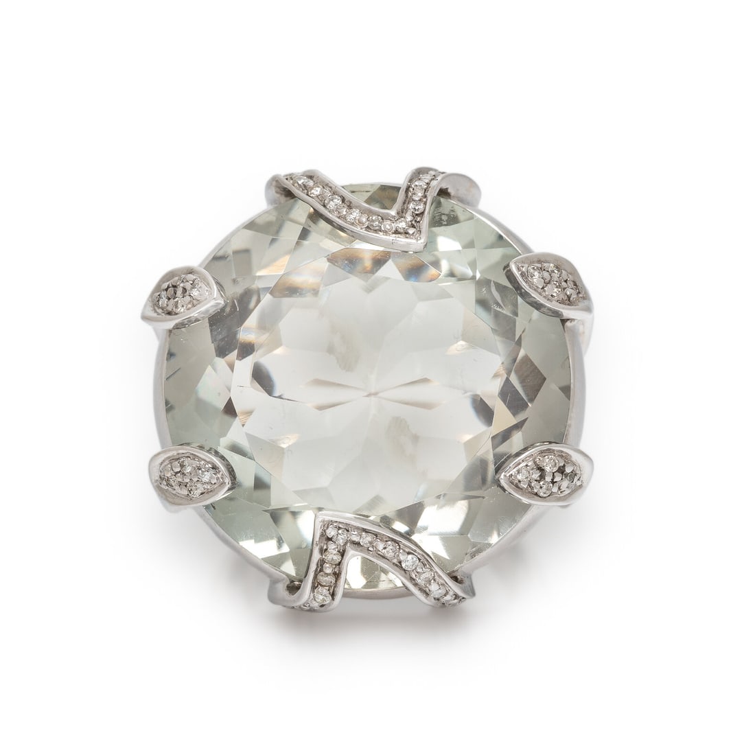 Sazingg, Prasiolite Quartz and Diamond Ring: Sazingg, Prasiolite Quartz and Diamond Ring Round prasiolite quartz weighing approximately 30.45 carats by formula and round brilliant cut diamonds. White gold. Ring size 6. Gross weight: 20.45 dwt.