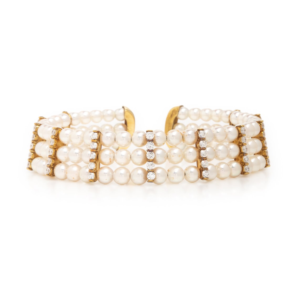 Cultured Pearl, Diamond, and Yellow Gold Choker Necklace: Cultured Pearl, Diamond, and Yellow Gold Choker Necklace Three rows of cultured pearls measuring approximately 7.00 - 7.45 mm, divided by spacer bars set with round brilliant cut diamonds weighing app