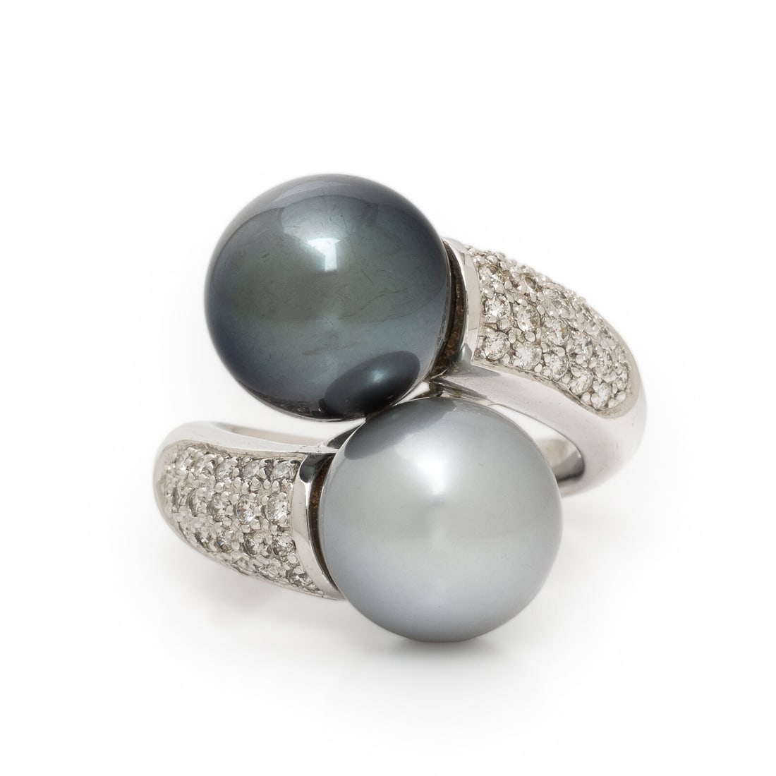 Cultured Pearl, Diamond, and White Gold Bypass Ring: Cultured Pearl, Diamond, and White Gold Bypass Ring Gray cultured pearls measuring approximately 10.95 - 11.30 mm (origin of color not tested), and round brilliant cut diamonds weighing approximately