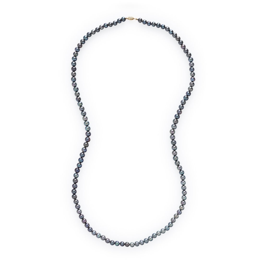 Cultured Gray Pearl Necklace: Cultured Gray Pearl Necklace Featuring cultured gray pearls measuring approximately 6.75 - 7.50 mm (origin of color not tested). 14 karat yellow gold. 33 1/4 inches long. Stamp: 585 (maker's mark).