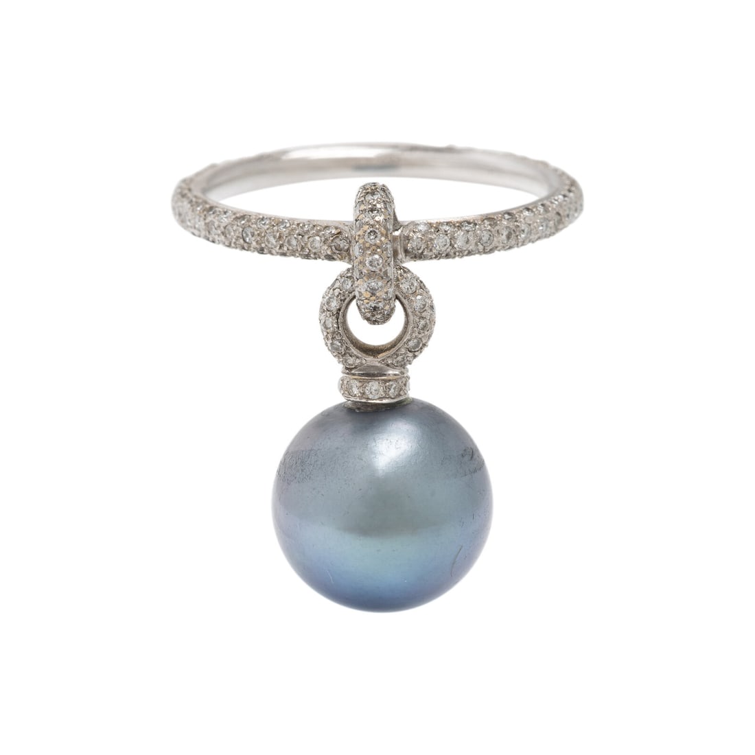 Diamond, White Gold, and Cultured Pearl Charm Ring: Diamond, White Gold, and Cultured Pearl Charm Ring Gray cultured pearl charm (origin of color not tested) and round brilliant cut diamonds weighing approximately 0.75 carat total. 18 karat white gold.