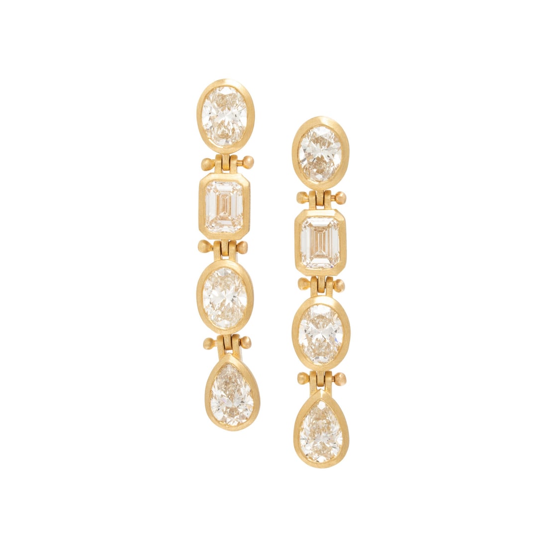 Diamond and Yellow Gold Drop Earrings: Diamond and Yellow Gold Drop Earrings In an alternating linear design, with bezel-set oval, pear shape, and emerald cut diamonds weighing 4.01 carats total. 18 karat yellow gold. 1 1/4 inches long.