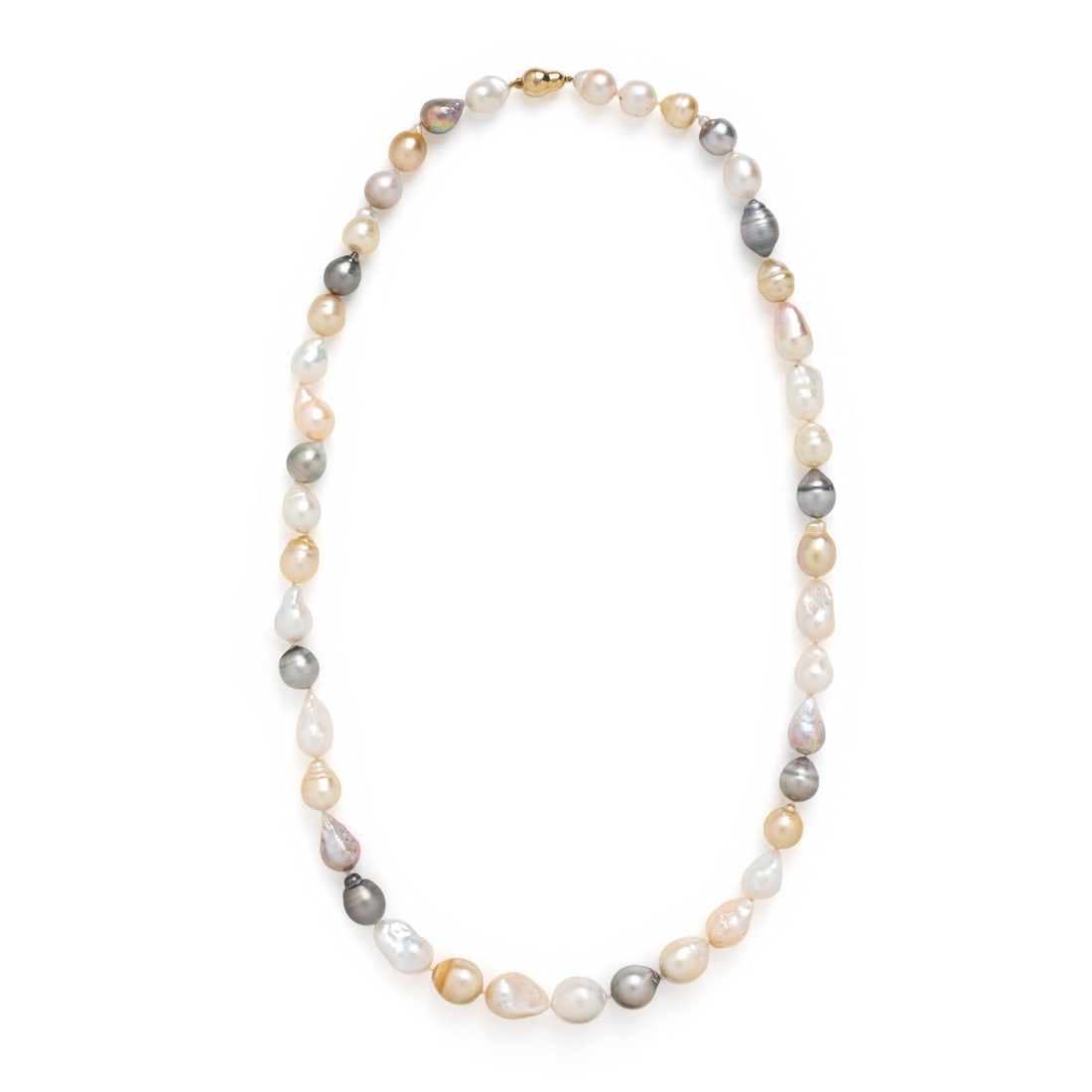 Baroque Multicolor Cultured Pearl Necklace: Baroque Multicolor Cultured Pearl Necklace Baroque cultured white, gray, and golden pearls (origin of color not tested). 14 karat yellow gold baroque bead clasp. 33 inches long. Stamp: 585 DSI. Gross