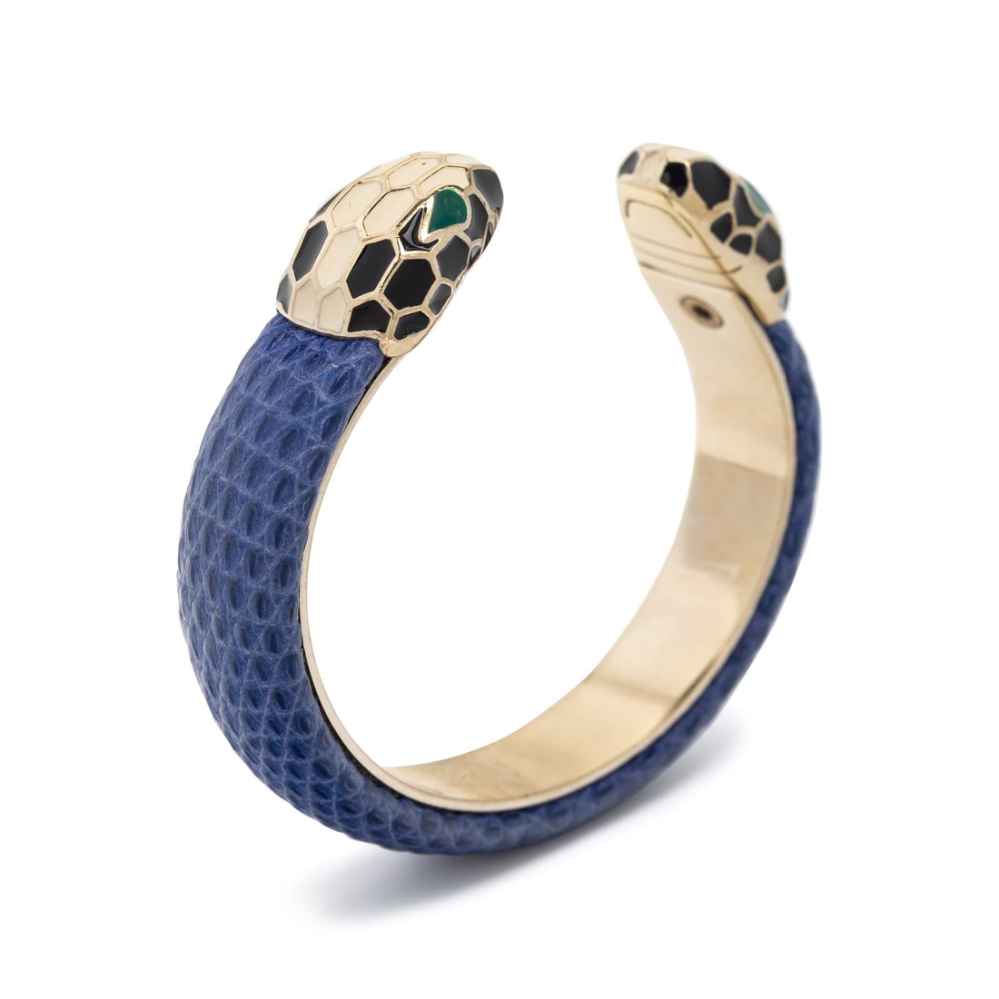 Bulgari, 'Serpenti Forever', Enamel and Leather Cuff Bracelet: Bulgari, 'Serpenti Forever', Enamel and Leather Cuff Bracelet Polychrome enamel and blue exotic leather. Yellow gold-plated brass. 5 7/8 inches inner circumference. Stamp: BVLGARI MADE IN ITALY. Gross