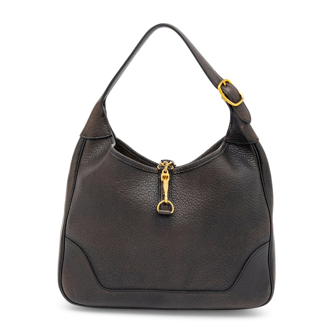 Hermès, Trim 31 Bag in Noir Clemence: Hermès, Trim 31 Bag in Noir Clemence Trim 31 handbag in Noir Clemence leather with gold-plated hardware. Open top with latch tab closure and flat leather handle. Label: Hermès Style/Serial No.: Unma