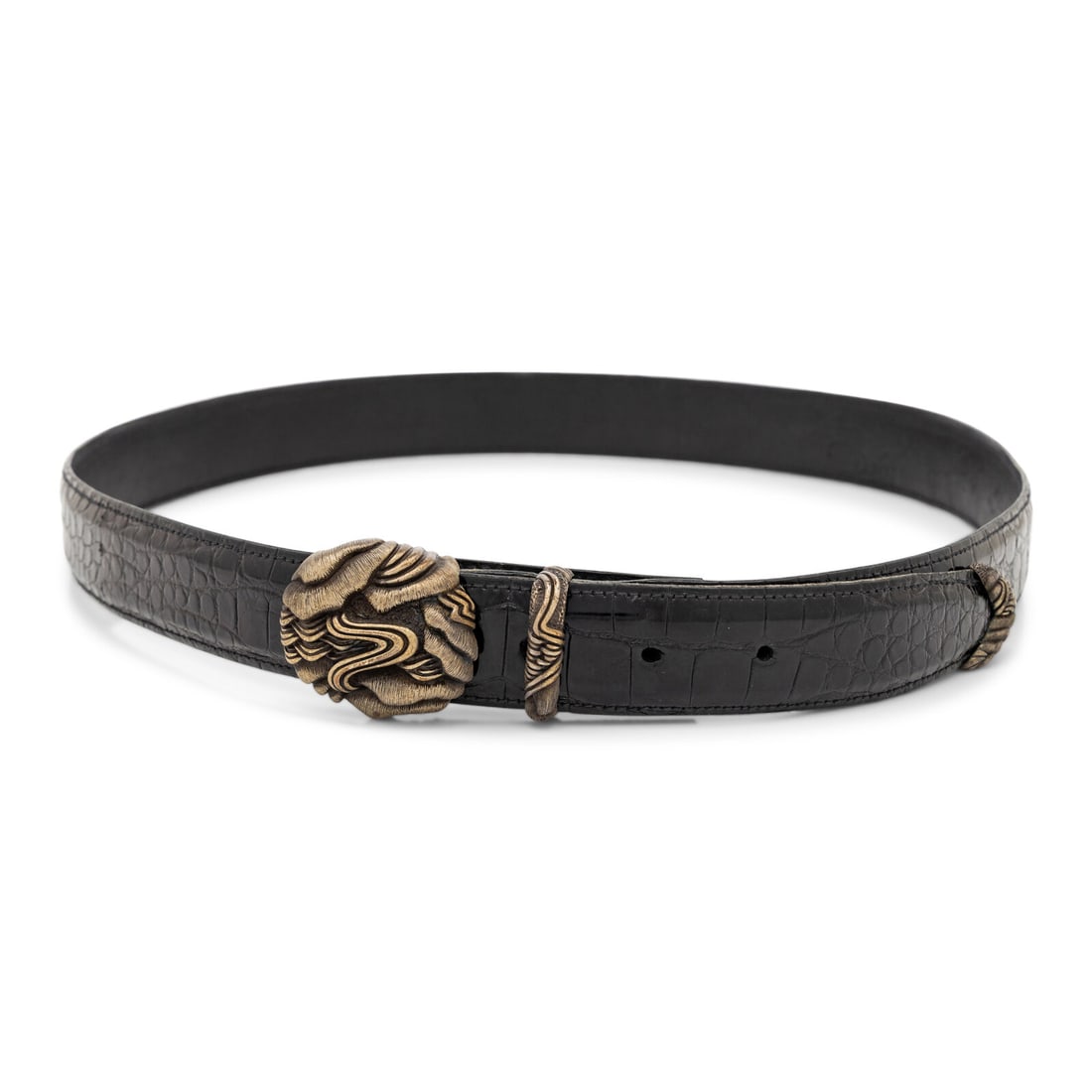 Henry Dunay, Sterling & Black Crocodile Belt: Henry Dunay, Sterling & Black Crocodile Belt Belt in glossy black crocodile skin with leather reverse and sterling silver buckle & hardware. Stamped at interior of buckle & reverse of belt. Stamps: Du