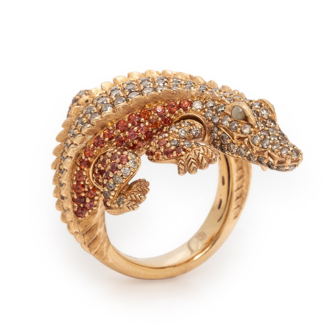 Colored Diamond, Multigem, and Rose Gold Alligator Ring: Colored Diamond, Multigem, and Rose Gold Alligator Ring Round brilliant cut brown diamonds (origin of color not tested) weighing approximately 1.05 carats total, round orange sapphires, and round