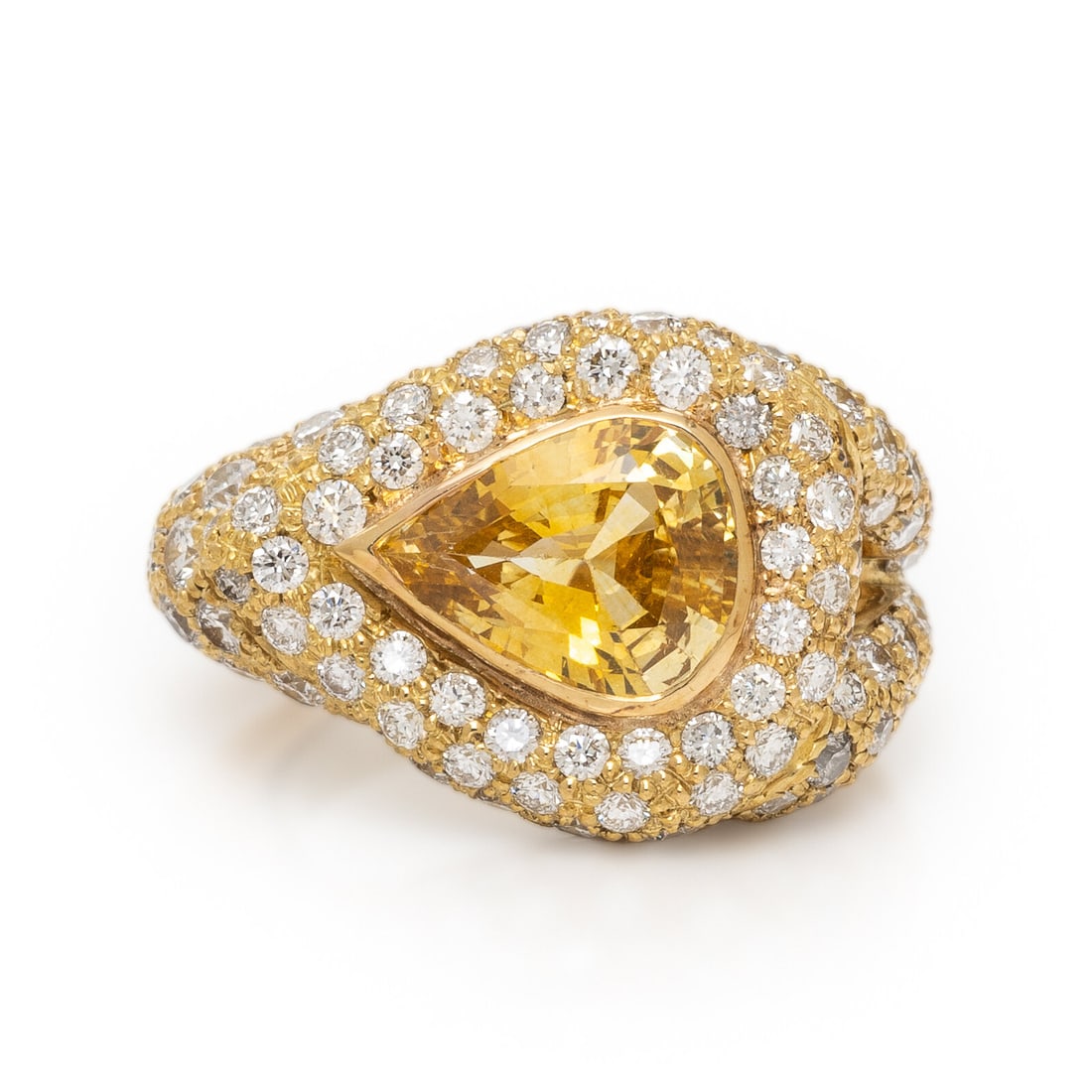 Lois Sasson, Yellow Sapphire, Diamond, and Yellow Gold Ring: Lois Sasson, Yellow Sapphire, Diamond, and Yellow Gold Ring Pear shape yellow sapphire weighing approximately 2.00 carats by formula and pavÈ-set round brilliant cut diamonds weighing approximate