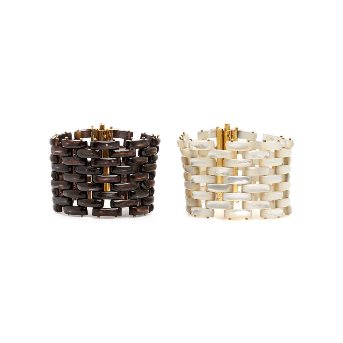 Angela Pintaldi, Two Mother-of-Pearl and Yellow Gold Bracelets: Angela Pintaldi, Two Mother-of-Pearl and Yellow Gold Bracelets Mother-of-pearl links. Yellow gold. Each 7 3/8 inches long, 1 3/4 inches wide. Engraved: Pintaldi. Gross weight: 114.55 dwt. This lot is