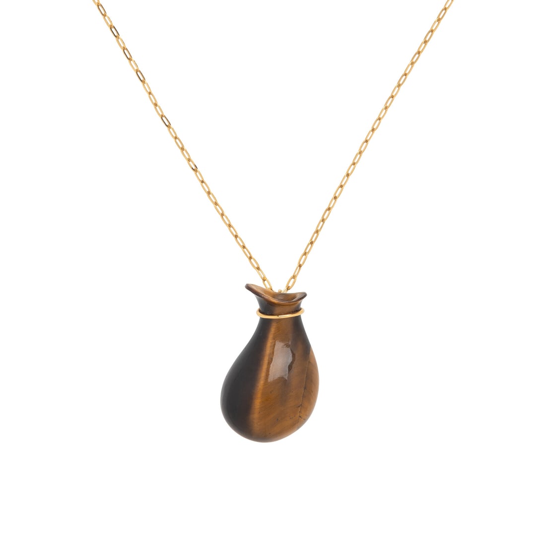 Tiffany & Co., Elsa Peretti, Tiger's Eye Bottle Jug Pendant and Yellow Gold Chain: Tiffany & Co., Elsa Peretti, Tiger's Eye Bottle Jug Pendant and Yellow Gold Chain Carved tiger's eye. 18 karat yellow gold. Pendant: 1 3/8 x 3/4 inches. Chain: 27 3/4 inches long, Chain stamp: TIFFANY