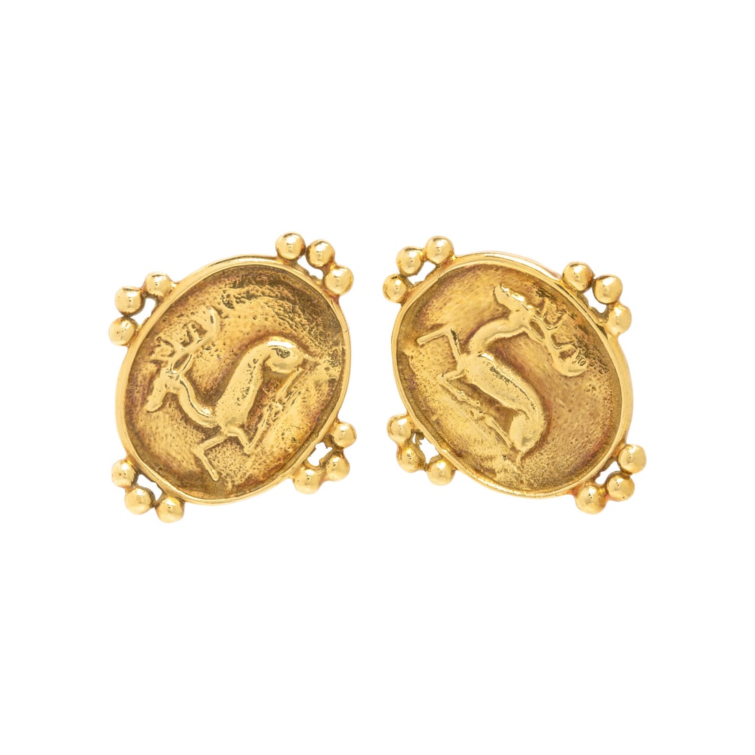 Helen Woodhull, Yellow Gold Stag Earrings: Helen Woodhull, Yellow Gold Stag Earrings 18 karat yellow gold. 3/4 inch wide. Stamp: 18K LEOGRYPH 1971 H. WOODHULL. Gross weight: 4.95 dwt. Property from an Important Private Collection, Florida This
