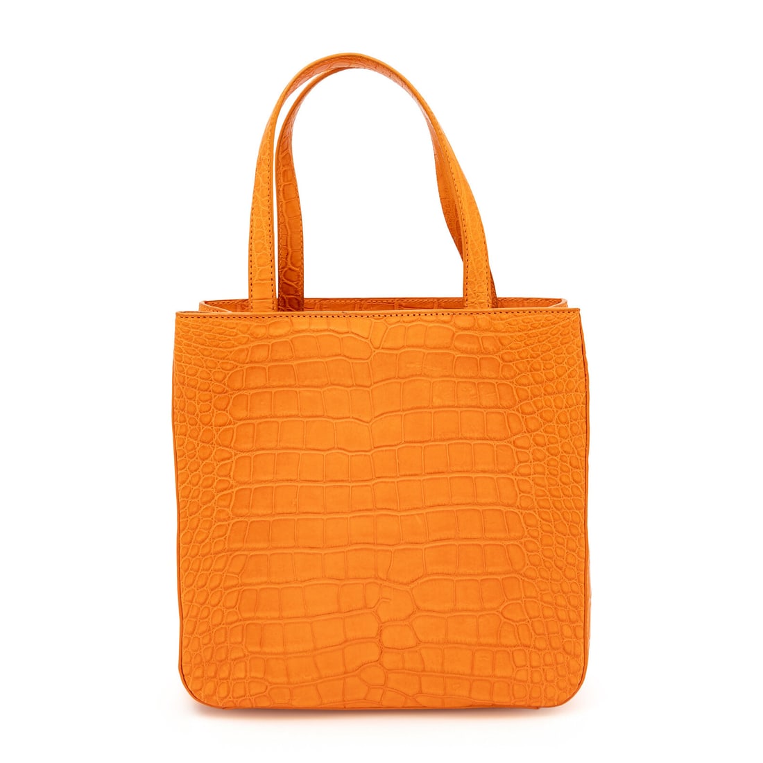 Prada, Orange Crocodile Handbag: Prada, Orange Crocodile Handbag Handbag in orange crocodile skin. Velcro closure and flat handles. Label: Prada Date: 2000's Country of Origin: Italy Approximate Measurements: 8.5ì L x 3.25ì