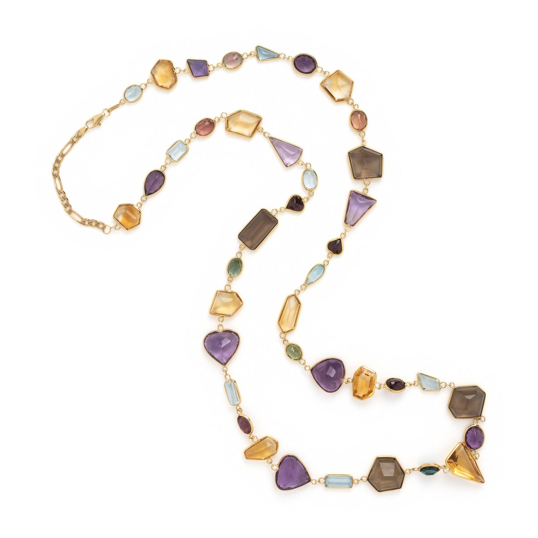 Multigem and Yellow Gold Necklace: Multigem and Yellow Gold Necklace Variously shaped amethyst, blue topaz, tourmaline, garnet, and citrine. 18 and 14 karat yellow gold. 34 inches long. Stamp: 585 OE ITALY RJ139 750. Gross weight: 42.2