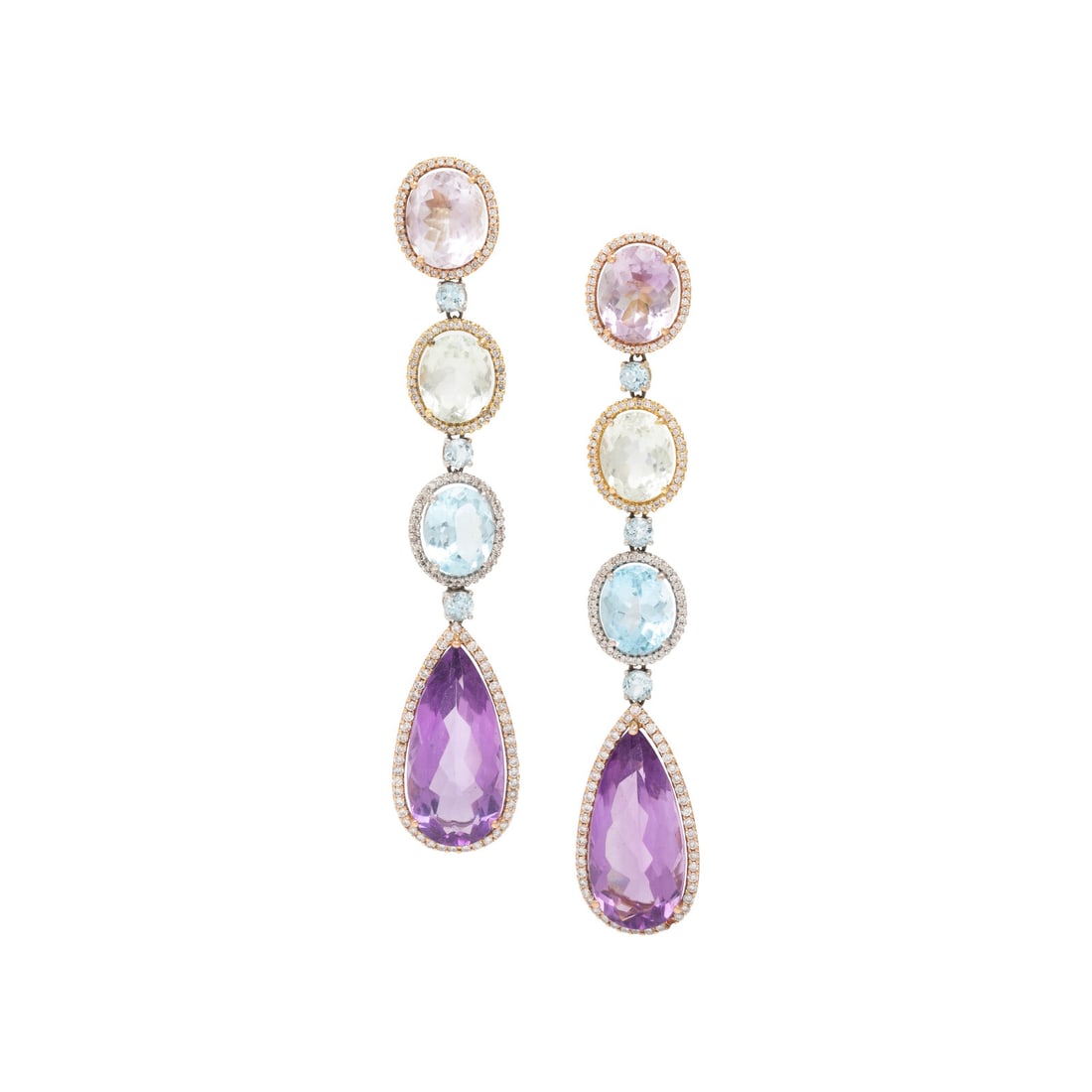 Multigem, Diamond, and Tricolor Gold Pendant Earrings: Multigem, Diamond, and Tricolor Gold Pendant Earrings Oval rose quartz, oval prasiolite, oval and round blue topaz, pear shape amethysts, and round brilliant cut diamonds weighing approximately 1.85 c