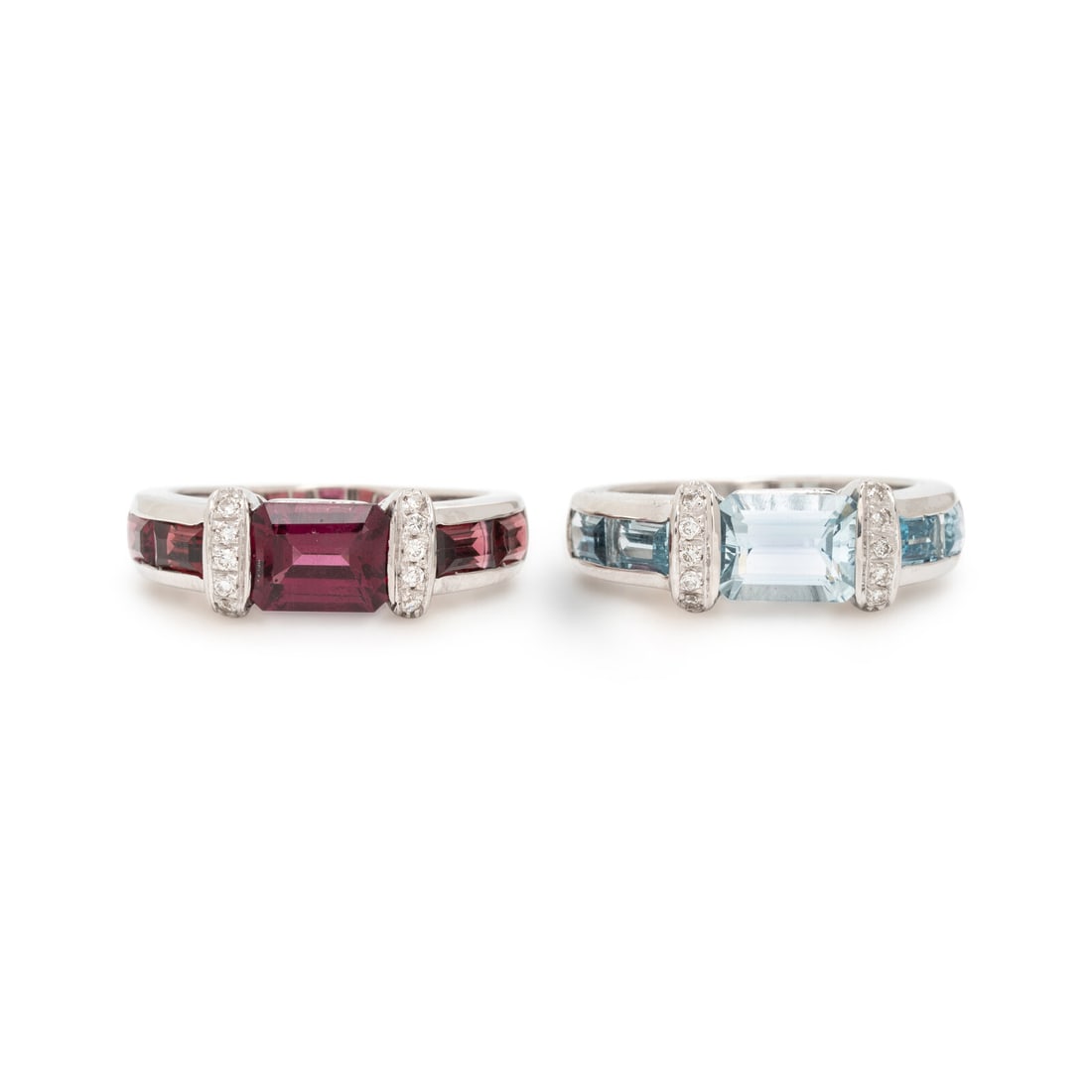 Two White Gold, Diamond, Garnet, and Aquamarine Stacking Rings (1 of 5)