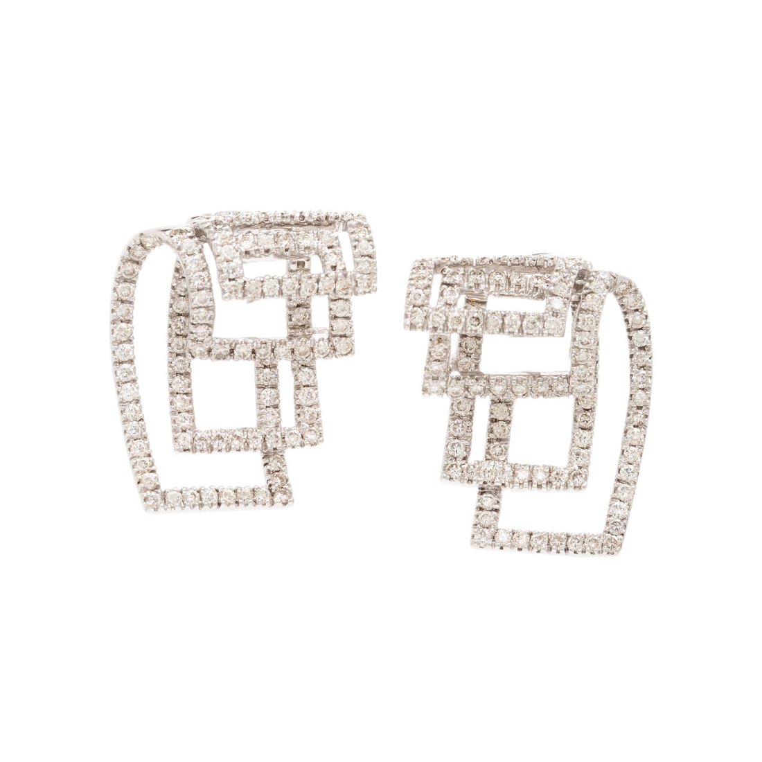 Diamond and White Gold Geometric Earrings: Diamond and White Gold Geometric Earrings Round brilliant cut diamonds weighing approximately 3.05 carats total. 18 karat white gold. 1 inch long. Stamp: 750. Gross weight: 9.90 dwt. Property of a Lad