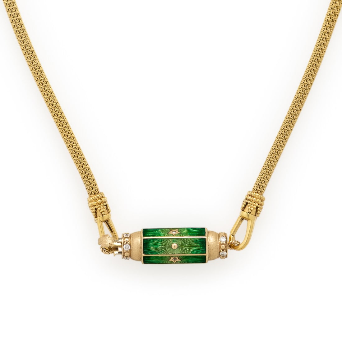 Marie Lichtenberg, 'Baby Locket', Yellow Gold Chain Necklace with Enamel and Diamond Barrel Pendant: Marie Lichtenberg, 'Baby Locket', Yellow Gold Chain Necklace with Enamel and Diamond Barrel Pendant The barrel pendant set with round brilliant cut diamonds and green guilloche enamel. 14 karat yellow