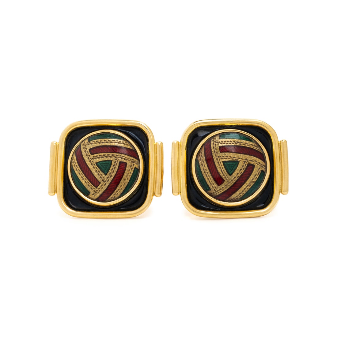 Elizabeth Gage, Enamel and Yellow Gold Cufflinks: Elizabeth Gage, Enamel and Yellow Gold Cufflinks Red, green, and black enamel. 18 karat yellow gold. 7/8 inch wide. Stamp: (British hallmarks) 750 GAGE. Gross weight: 16.40 dwt. Property from an Impor