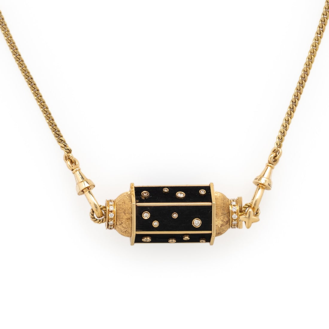 Marie Lichtenberg, 'Dot Locket', Diamond and Yellow Gold Necklace: Marie Lichtenberg, 'Dot Locket', Diamond and Yellow Gold Necklace Round brilliant cut diamonds weighing approximately 0.40 carat total, and ebony wood. 18 karat yellow gold. 18 inches long. Stamp: M.L