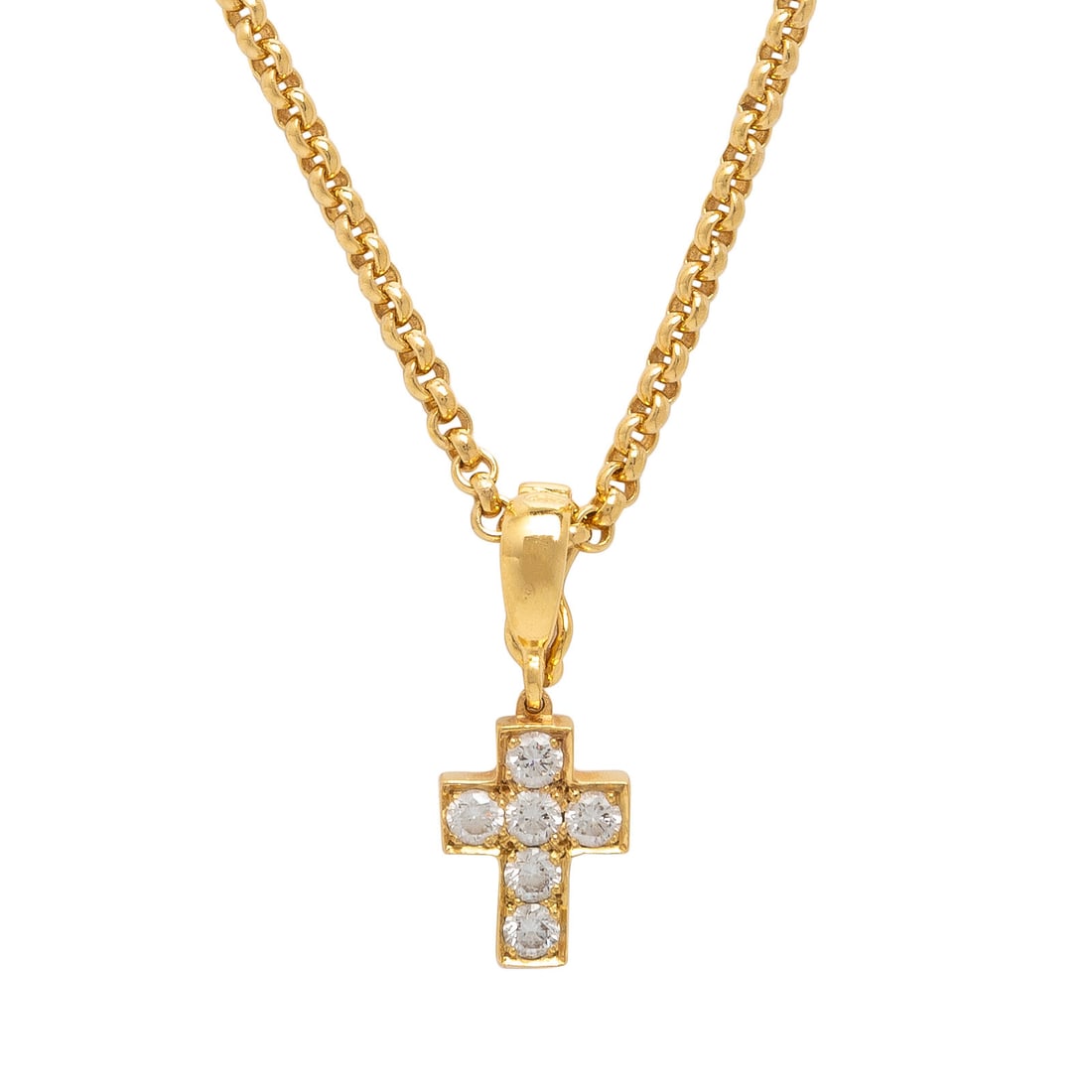 Cartier, Diamond and Yellow Gold Cross Pendant with a Chopard Yellow Gold Chain: Cartier, Diamond and Yellow Gold Cross Pendant with a Chopard Yellow Gold Chain Round brilliant cut diamonds weighing approximately 0.25 carat total. 18 karat yellow gold. 17 inches long. Pendant stam