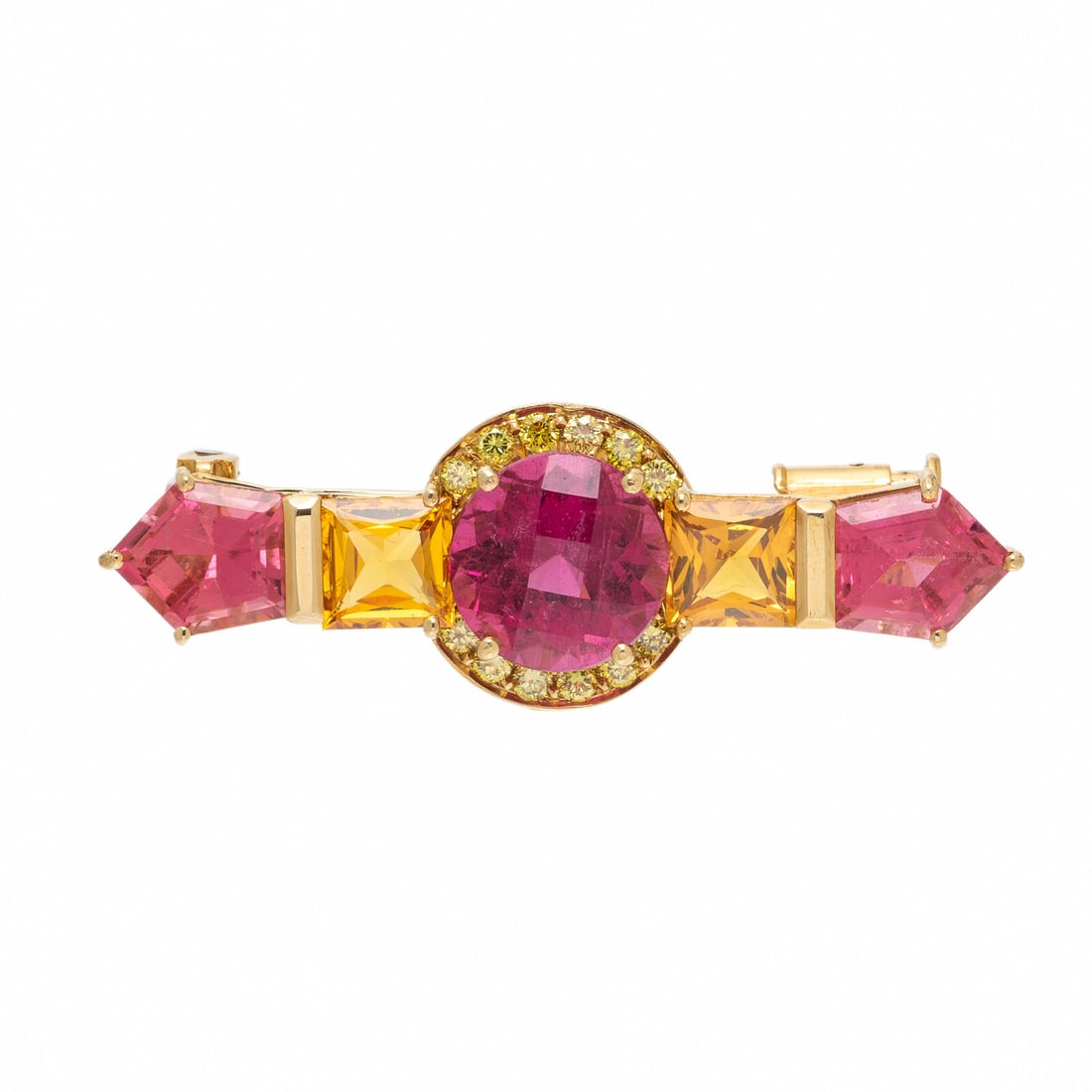 Alopa, Yellow Gold, Multigem, and Yellow Diamond Brooch: Alopa, Yellow Gold, Multigem, and Yellow Diamond Brooch Round checkerboard-faceted and kite shape pink tourmalines, square yellow sapphires, and round brilliant cut yellow diamonds (origin of color no