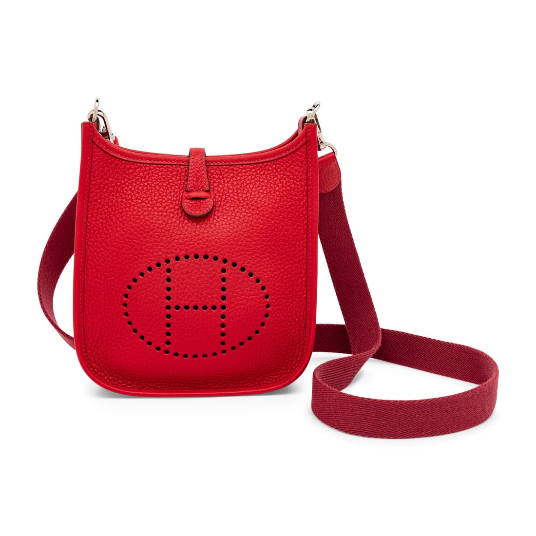 Hermès, Evelyne TPM 16 in Vermillion Clemence: Hermès, Evelyne TPM 16 in Vermillion Clemence Evelyne TPM 16 bag in Vermillion Clemence leather with palladium-plated hardware. Snap tab closure and tonal woven textile strap. Label: Hermès Stamp: C