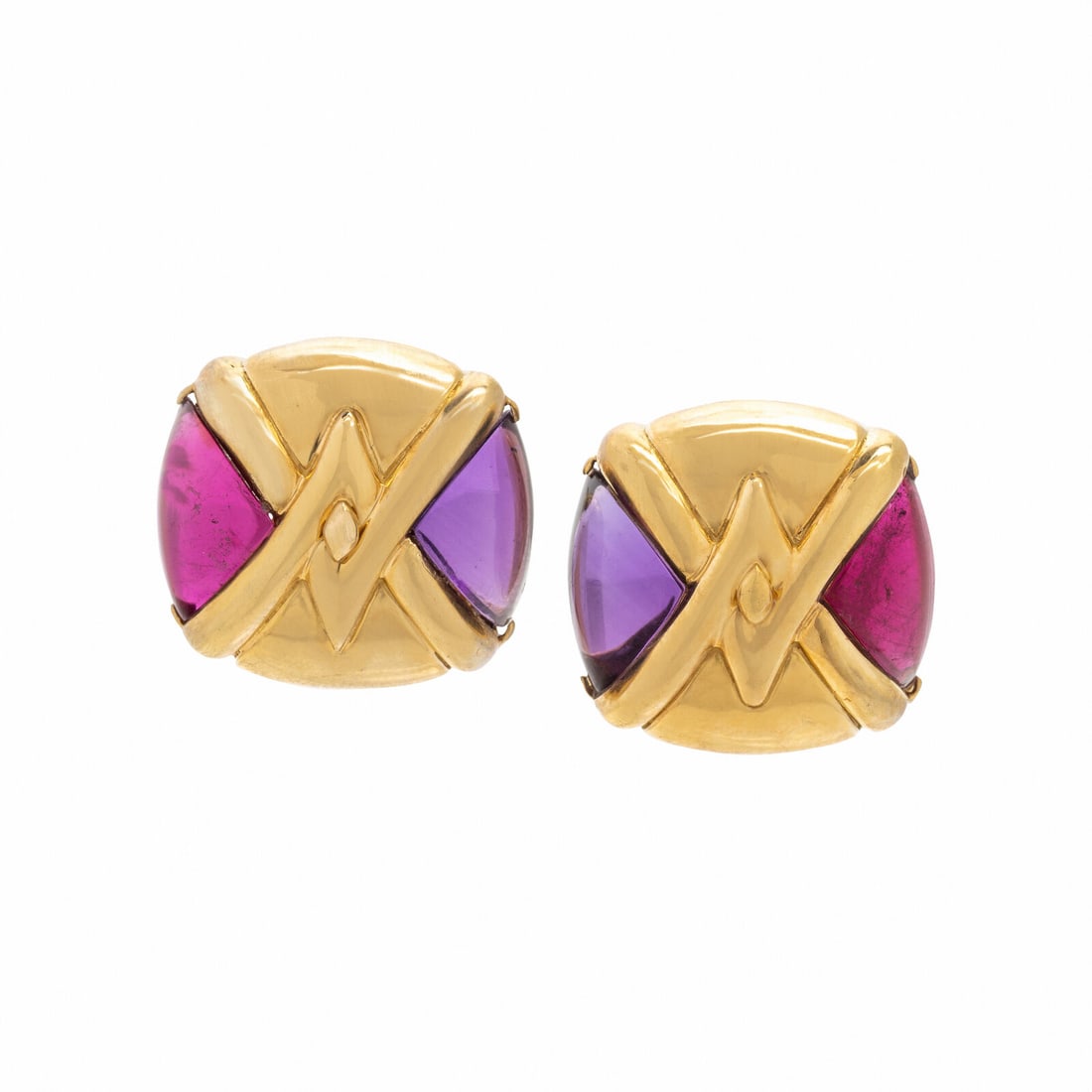 Amethyst, Rubellite Tourmaline, and Yellow Gold Earrings: Amethyst, Rubellite Tourmaline, and Yellow Gold Earrings Triangular cabochon amethyst and rubellite tourmaline. Yellow gold. 1 inch long. Gross weight: 20.00 dwt. Property from an Important Private Co