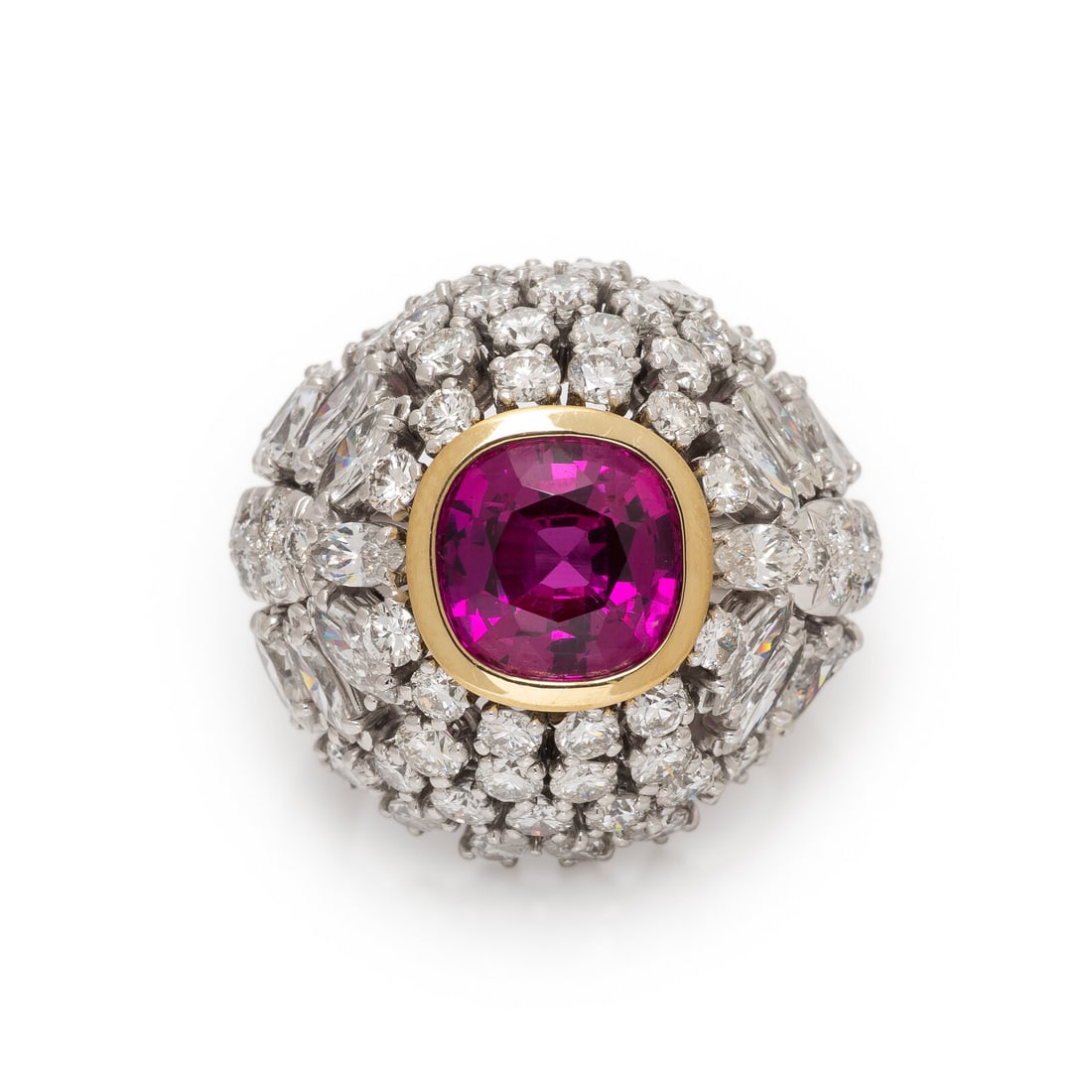 Synthetic Pink Sapphire, Diamond, and Platinum Bombé Ring: Synthetic Pink Sapphire, Diamond, and Platinum Bombé Ring Pear shape, marquise, and round brilliant cut diamonds weighing approximately 8.00 total carats, and cushion cut synthetic pink sapphire weig