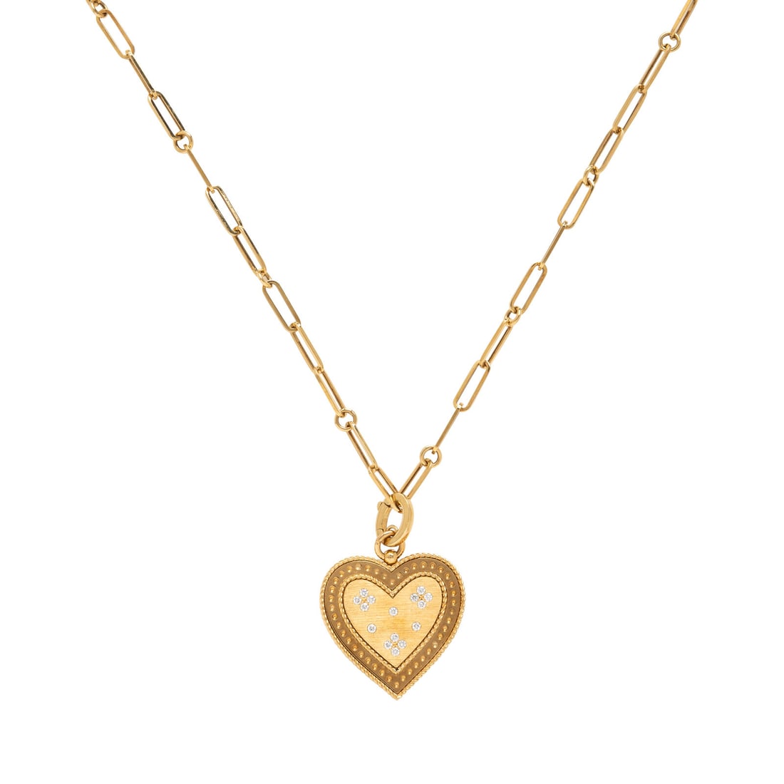 Roberto Coin, Yellow Gold and Diamond Heart Pendant Necklace: Roberto Coin, Yellow Gold and Diamond Heart Pendant Necklace Round brilliant cut diamonds weighing approximately 0.20 carat total. 18 karat yellow gold. Chain: 19 3/4 inches long. Pendant: 1 1/4 inche