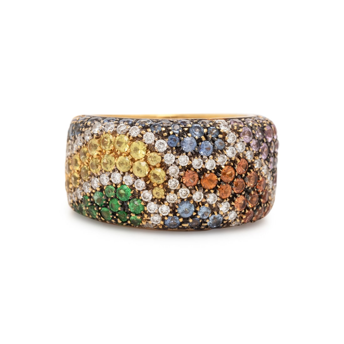 Valente, Multigem and Yellow Gold Ring: Valente, Multigem and Yellow Gold Ring Pavé-set round pink, blue, yellow, green, and orange sapphires, and round brilliant cut diamonds weighing approximately 0.75 carat total. Yellow gold. Ring size