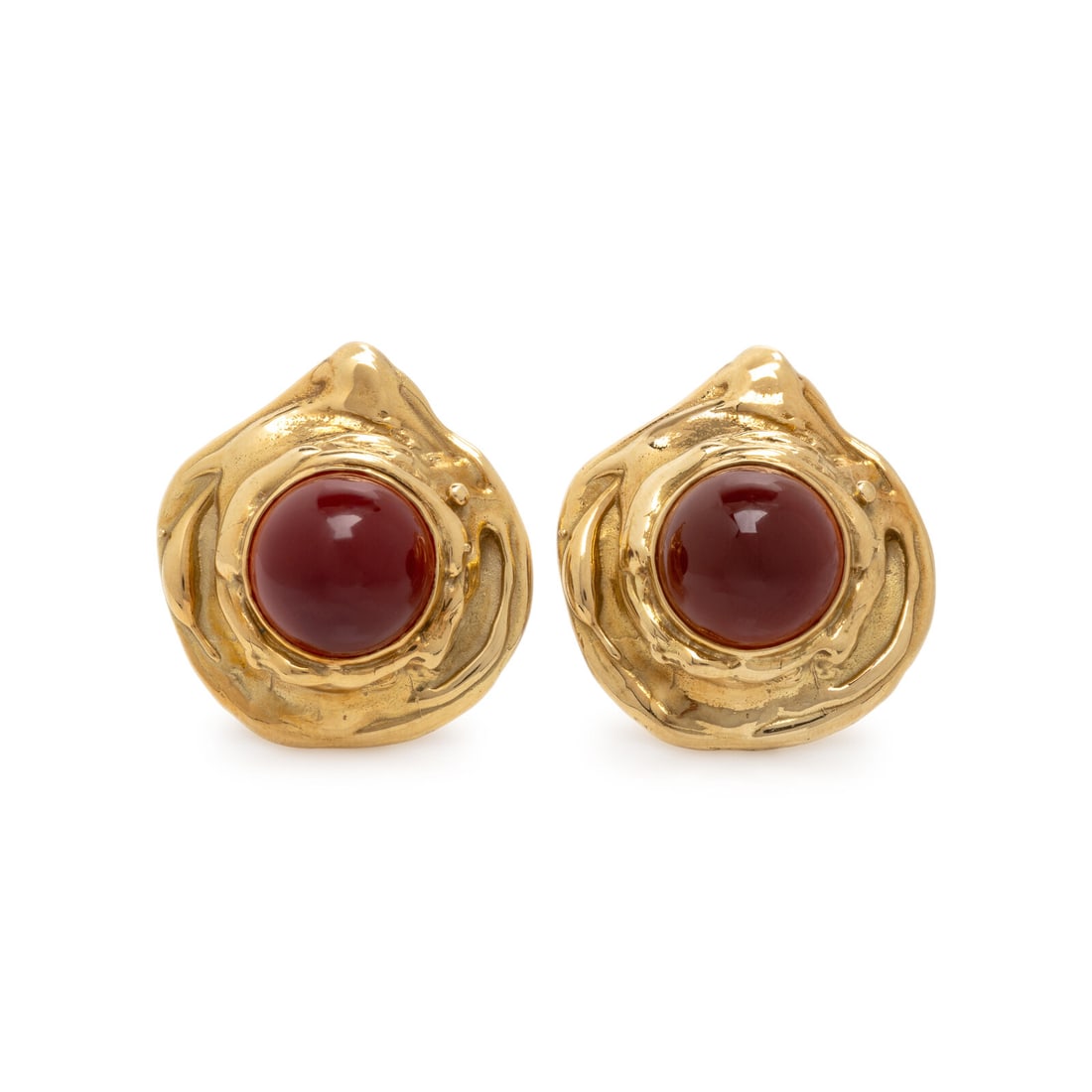 Elizabeth Gage, Carnelian and Yellow Gold Earrings: Elizabeth Gage, Carnelian and Yellow Gold Earrings Round cabochon carnelian measuring approximately 13.90 x 13.90 x 7.60 mm. 18 karat yellow gold. 1 1/8 inches long. Stamp: GAGE EG 750 (British hallma