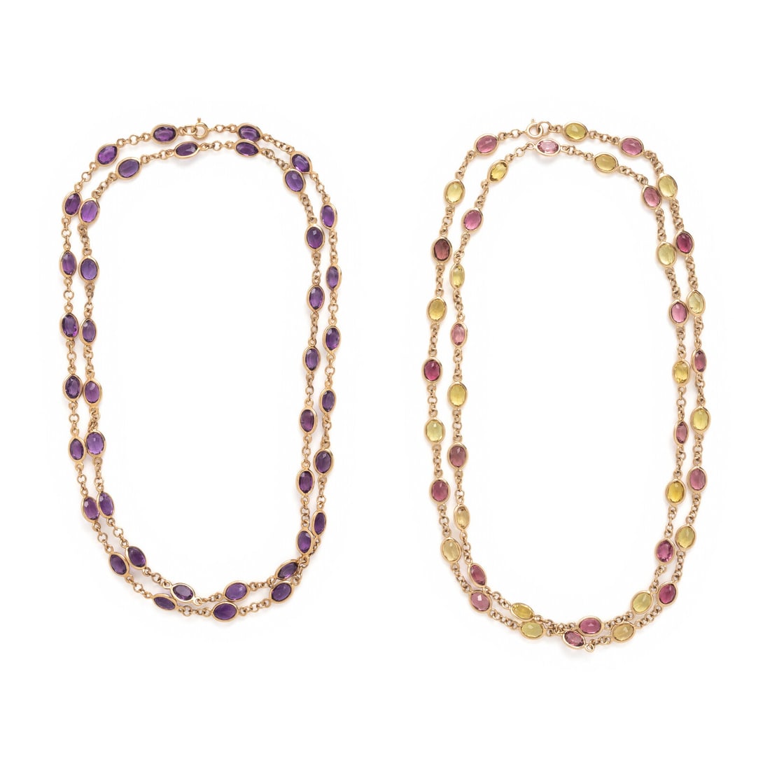 Two Multigem and Yellow Gold Station Necklaces: Two Multigem and Yellow Gold Station Necklaces One set with stations of bezel-set oval amethysts, the other set with alternating stations of bezel-set oval pink tourmaline and heliodor beryl. 14 karat