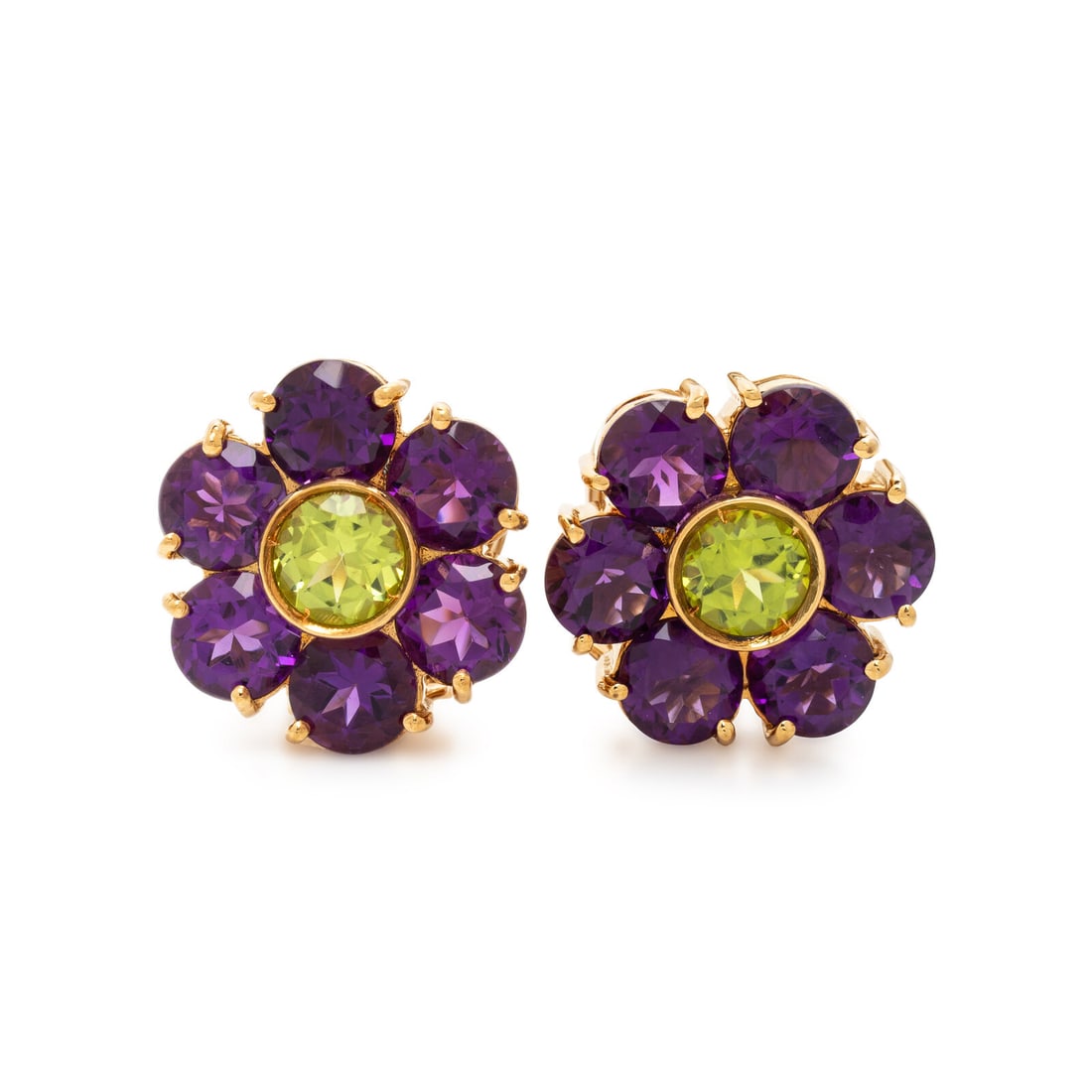 Pasquale Bruni, Amethyst, Peridot, and Yellow Gold Flower Earrings: Pasquale Bruni, Amethyst, Peridot, and Yellow Gold Flower Earrings Round peridot weighing approximately 1.70 carats total by formula, and round amethysts. 18 karat yellow gold. 11/16 inch long. Stamp: