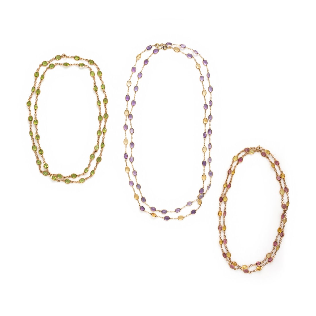 Collection of Multigem and Yellow Gold Necklaces: Collection of Multigem and Yellow Gold Necklaces Including three necklaces, one set with oval peridot, one set with oval amethyst and citrine, and one set with oval pink tourmaline and heliodor beryl.
