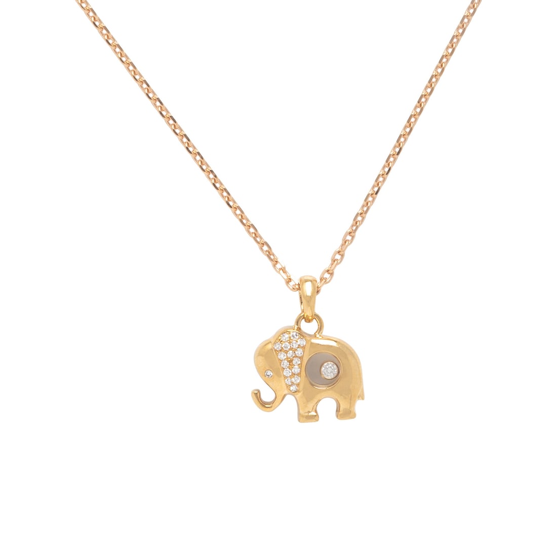 Chopard, 'Happy Diamonds' Elephant Pendant Necklace: Chopard, 'Happy Diamonds' Elephant Pendant Necklace Round brilliant cut diamonds weighing approximately 0.15 carat total. 18 karat yellow and rose gold. 23 3/8 inches long. Pendant stamp: 9138269 79/2
