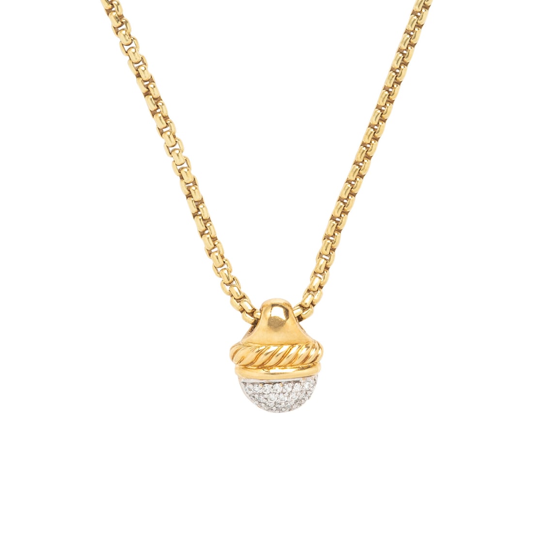 David Yurman, Yellow Gold Chain with Peridot and Diamond Pendants: David Yurman, Yellow Gold Chain with Peridot and Diamond Pendants Including two pendants that can be interchanged on a chain, one set with oval checkerboard faceted peridot and one pavé-set with roun