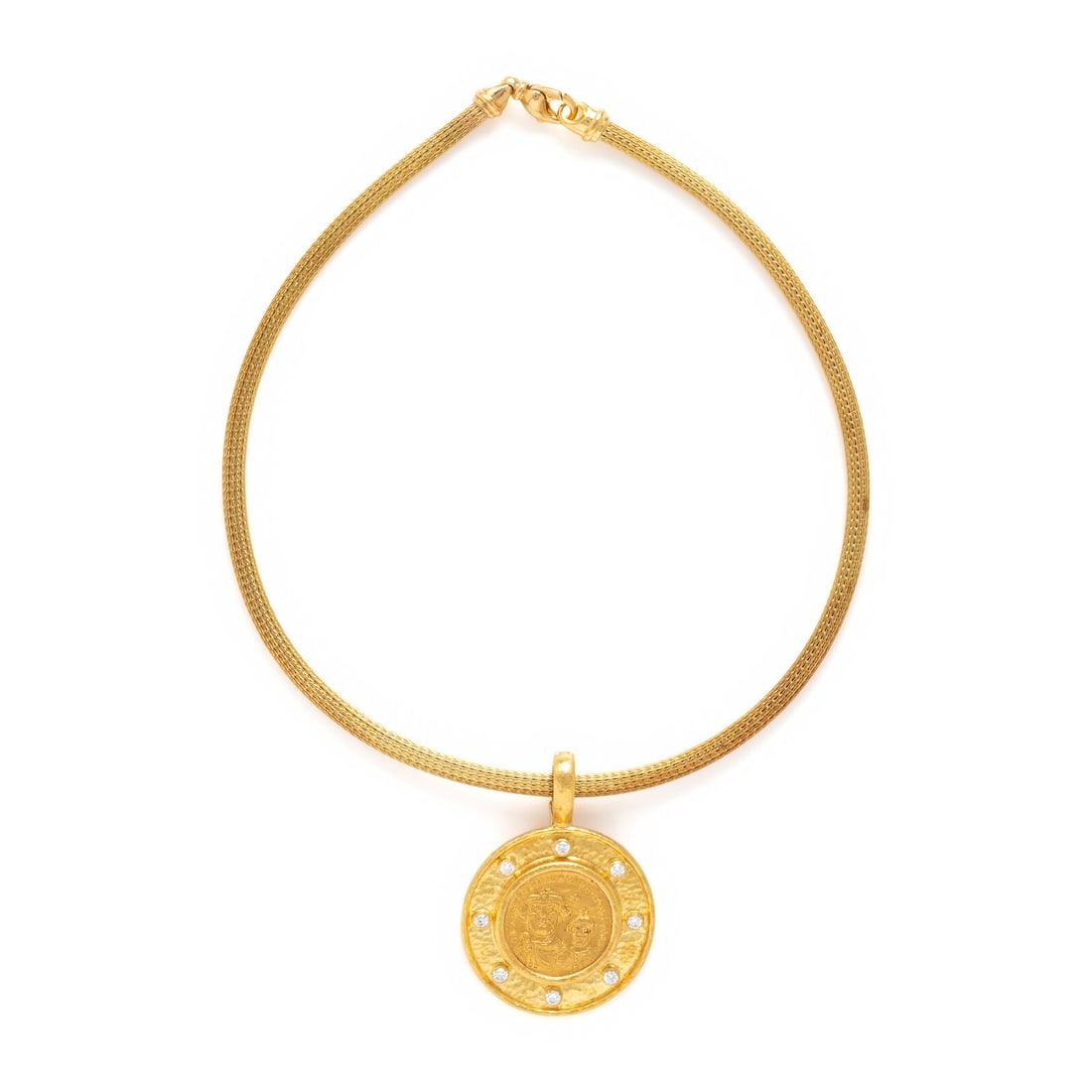 Elizabeth Locke, Yellow Gold and Diamond Ancient Coin Pendant with Unsigned Chain: Elizabeth Locke, Yellow Gold and Diamond Ancient Coin Pendant with Unsigned Chain The pendant set with round brilliant cut diamonds weighing approximately 0.35 carat total and a Byzantine coin. 19 and