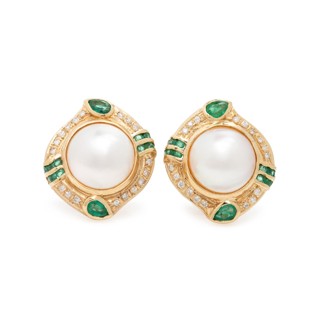Mabé Pearl, Emerald, Diamond, and Yellow Gold Earrings: Mabé Pearl, Emerald, Diamond, and Yellow Gold Earrings Mabé pearls measuring approximately 11.50 mm, round brilliant cut diamonds, and pear shape and round emeralds. 14 karat yellow gold. 7/8 inch l