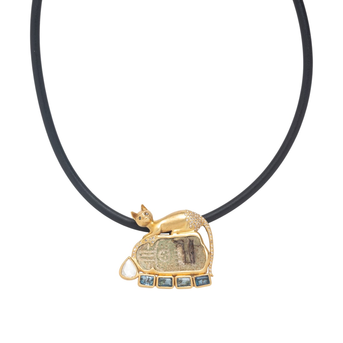 Coomi, Egyptian Scarab, Diamond, and Yellow Gold Cat Necklace: Coomi, Egyptian Scarab, Diamond, and Yellow Gold Cat Necklace Egyptian scarab, round and pear shape rose cut diamonds, emerald cut blue stones, and round sapphires as the eyes, on a rubber and gold co