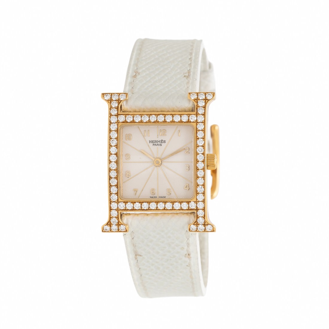 Hermès, Ref. HH1.286, 18K Yellow Gold 'Heure H' Watch with Diamond Bezel, with Box and Extra Strap: Hermès, Ref. HH1.286, 18K Yellow Gold 'Heure H' Watch with Diamond Bezel, with Box and Extra Strap Maker: Hermès Model: Heure H Reference number: 1.286 Serial number: 1671393 Year: Circa 2000s Case 
