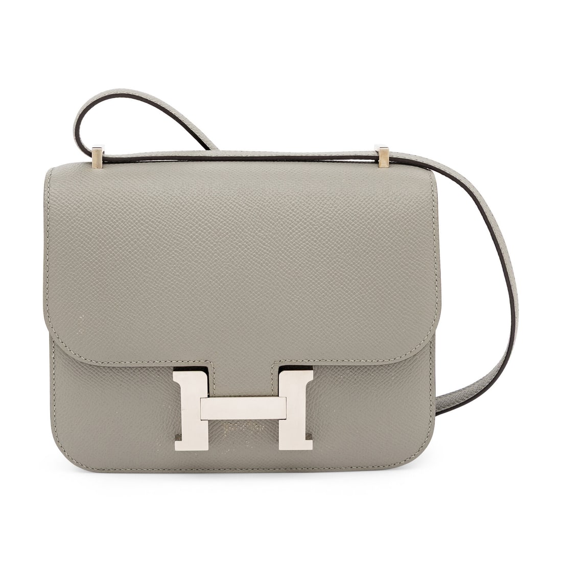 Hermès, Mini Constance 18 in Gris Mouette Epsom: Hermès, Mini Constance 18 in Gris Mouette Epsom Mini Constance 18 flap shoulder bag in Gris Mouette Epsom leather with palladium-plated hardware. Label: Hermès Code: X Date: 2016 Country of Origin: 
