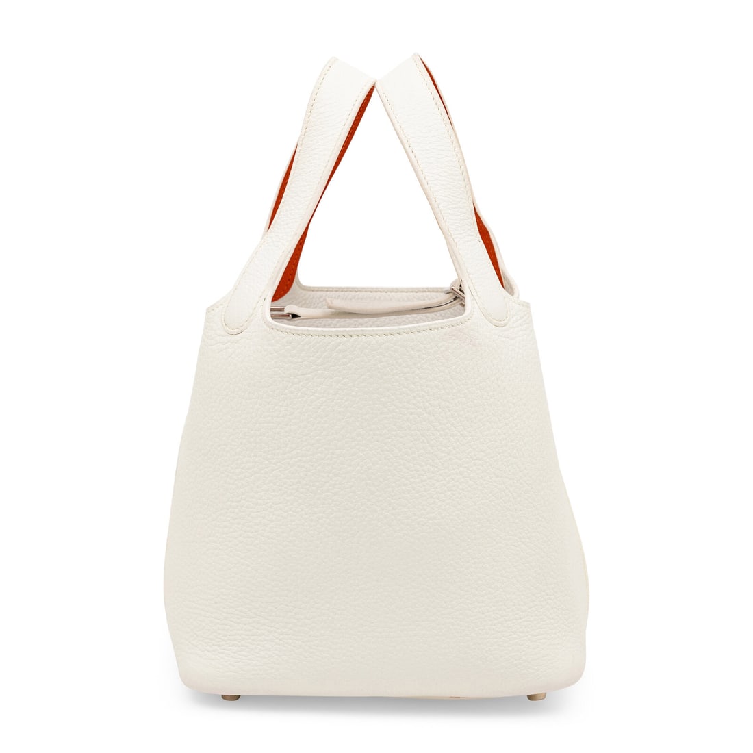 Hermès, Picotin18 in White Togo with Orange Trim: Hermès, Picotin18 in White Togo with Orange Trim Picotin 18 bag in White Togo leather with orange leather trim and palladium-plated hardware. Threaded strap closure and flat leather handles. Label: H