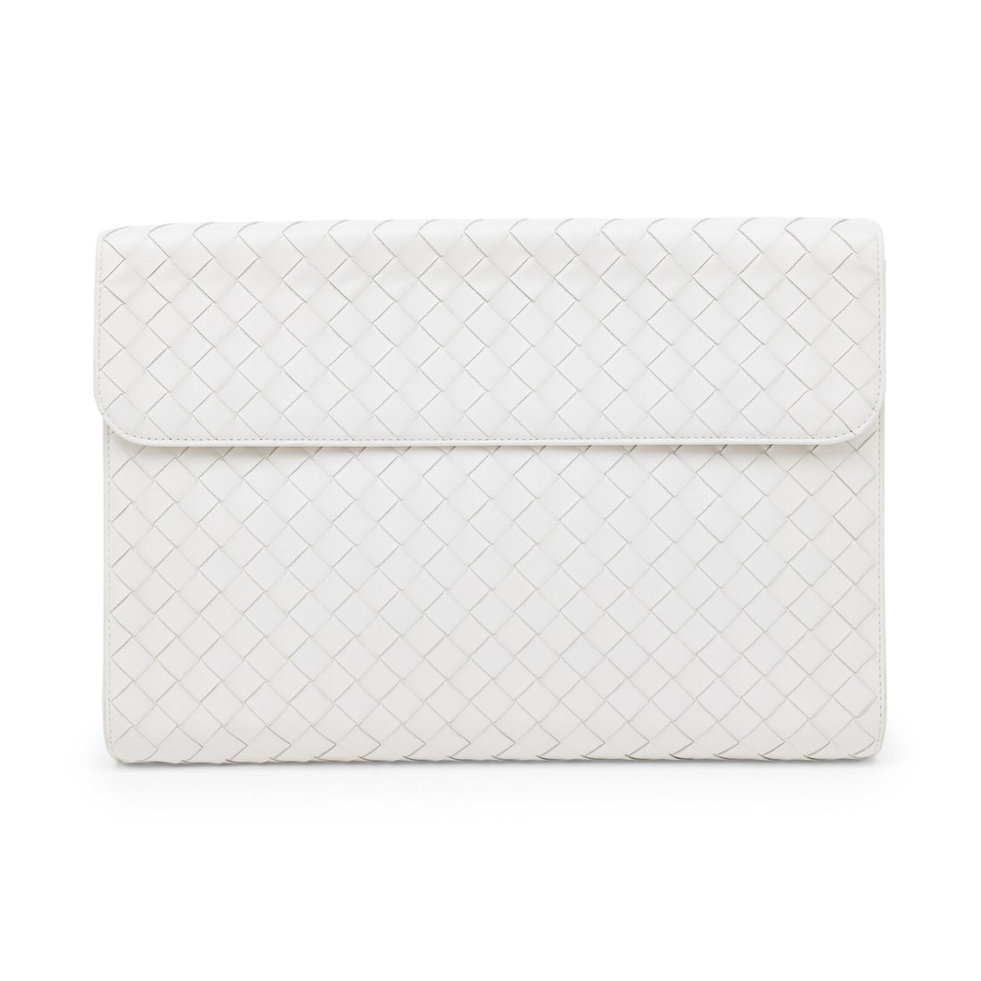 Bottega Veneta, White Intrecciato Large Clutch: Bottega Veneta, White Intrecciato Large Clutch Large clutch in ivory intrecciato-woven leather with silver-tone hardware. Magnetic snap closures. Label: Bottega Veneta Style/Serial No.: A00721878I Dat